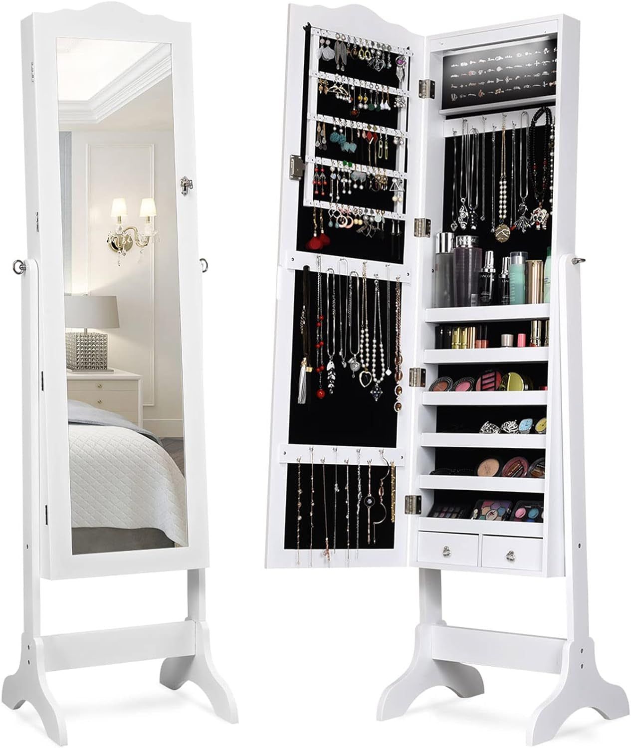 Jewelry Armoire Organizer with Full Length Mirror, 14 Leds Floor Standing Jewelry Cabinet with 2 Drawers (White)