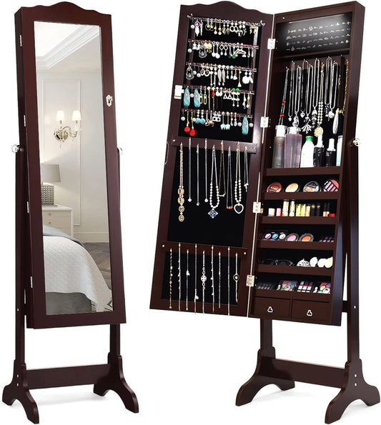 Jewelry Armoire Organizer with Full Length Mirror, 14 Leds Floor Standing Jewelry Cabinet with 2 Drawers