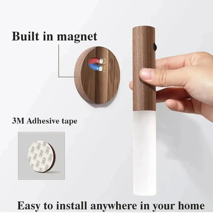 Auto PIR Motion Sensor LED Rechargeable Magnetic Night Light Wood Wall Light 