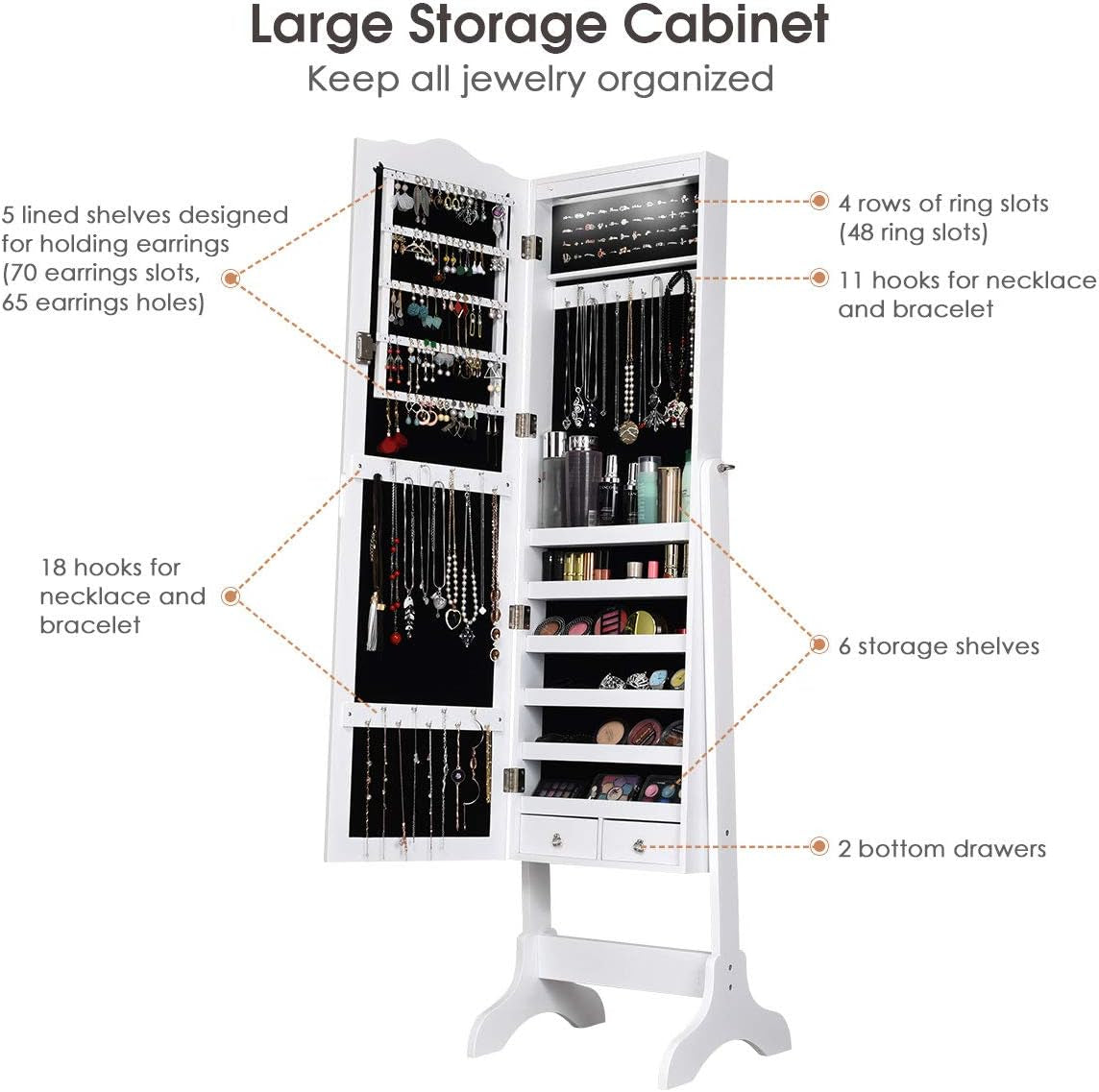 Jewelry Armoire Organizer with Full Length Mirror, 14 Leds Floor Standing Jewelry Cabinet with 2 Drawers (White)