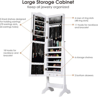 Jewelry Armoire Organizer with Full Length Mirror, 14 Leds Floor Standing Jewelry Cabinet with 2 Drawers (White)