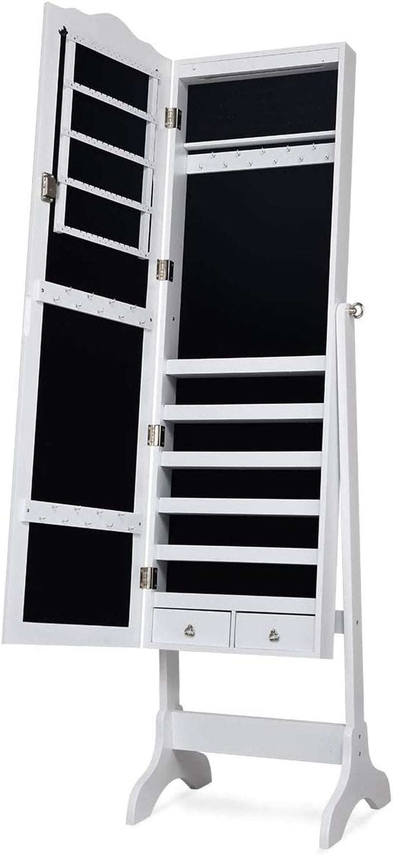 Jewelry Armoire Organizer with Full Length Mirror, 14 Leds Floor Standing Jewelry Cabinet with 2 Drawers (White)