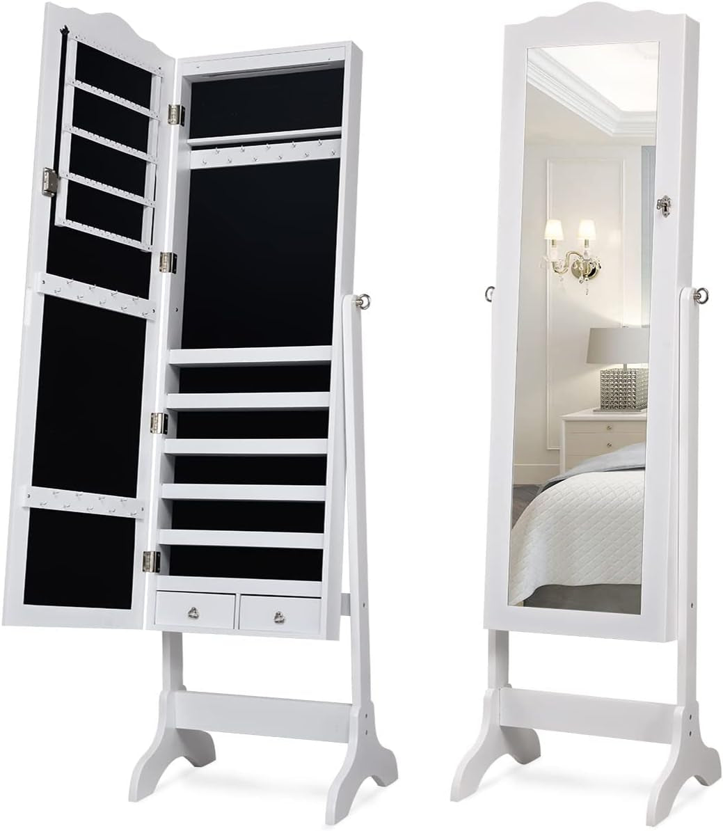 Jewelry Armoire Organizer with Full Length Mirror, 14 Leds Floor Standing Jewelry Cabinet with 2 Drawers (White)