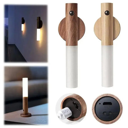 Auto PIR Motion Sensor LED Rechargeable Magnetic Night Light Wood Wall Light 