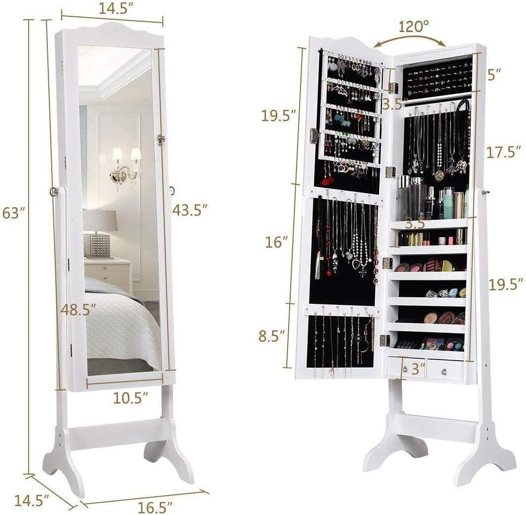 Jewelry Armoire Organizer with Full Length Mirror, 14 Leds Floor Standing Jewelry Cabinet with 2 Drawers (White)